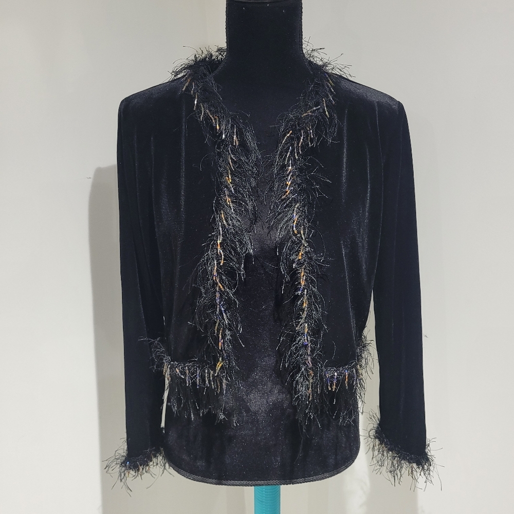 Ronni Nicole Womens Vintage Beaded Fringe Trim Cropped Velvet Jacket Small Black